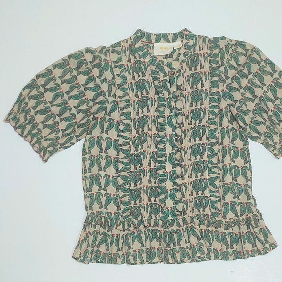 NWOT Anthropologie Maeve Parrot Ruffled  Pleated Puff Sleeve Peplum Top, Size S - Picture 4 of 11